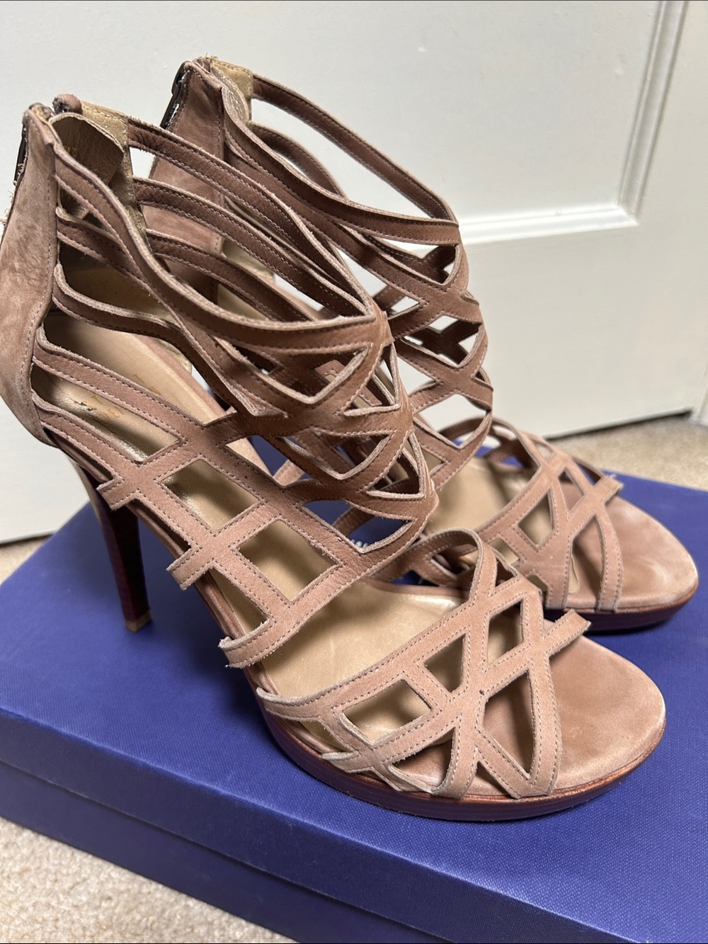 Stuart Weitzman Taupe Strappy Cutout Heels